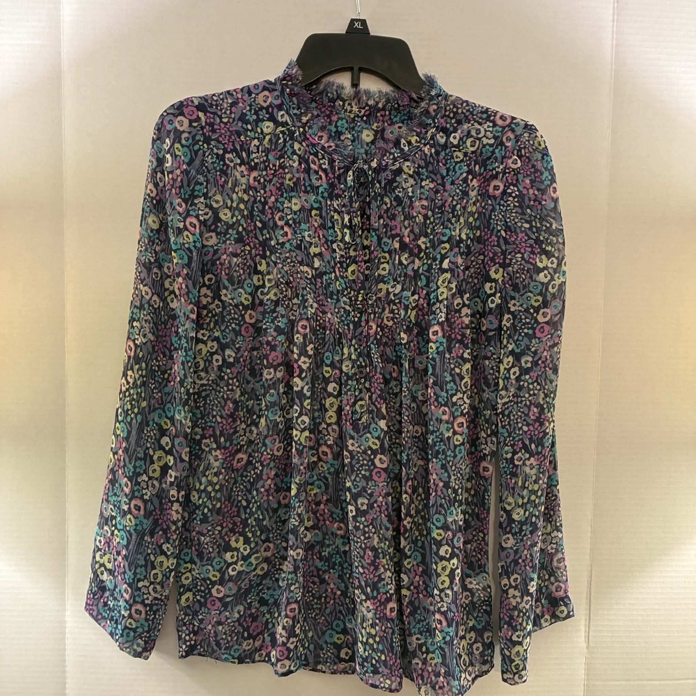 J.Crew Floral Blouse Womens XL Purple Sheer Ruffle Tie Neck Boho Romantic